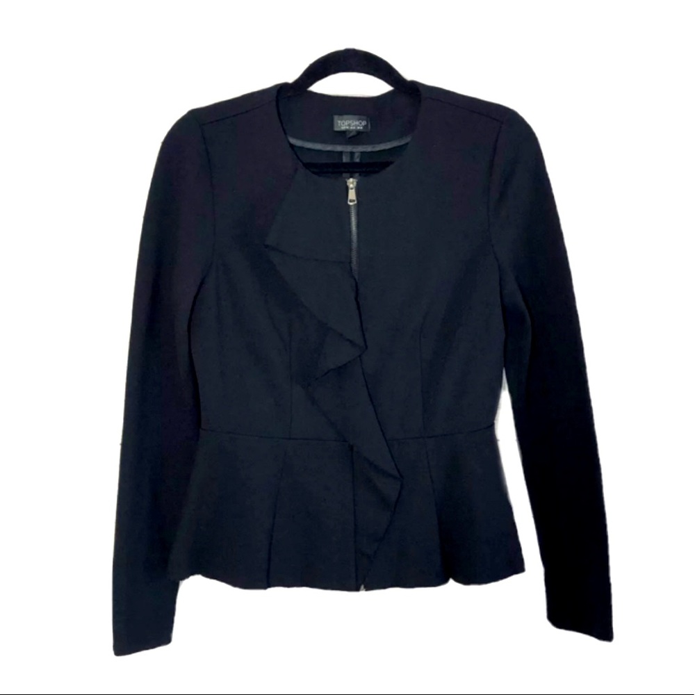Topshop Ruffle Blazer Jacket Zip Up Black Sz 8
